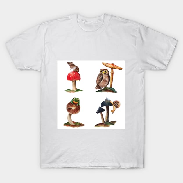 Watercolor - Mushroom animals T-Shirt by Karoのkyuuto